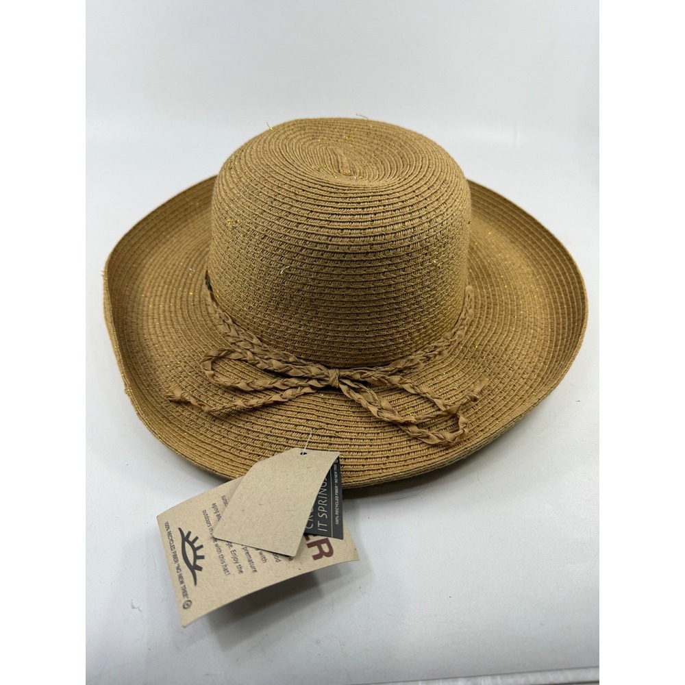Cov-Ver Natural Fiber Straw Sun Hat Gold Metallic Shimmer Braided Bow F1320-1